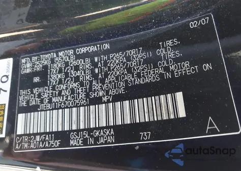 2007 Toyota Fj Cruiser z USA, uszkodzony, nr VIN JTEBU11F670075961